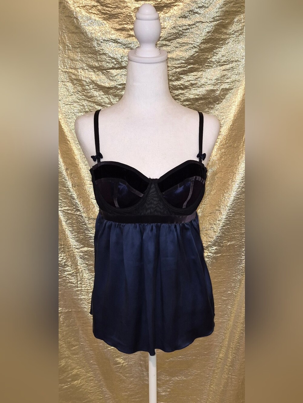 Vintage Bebe Silky Navy and Black Babydoll Lingerie Top